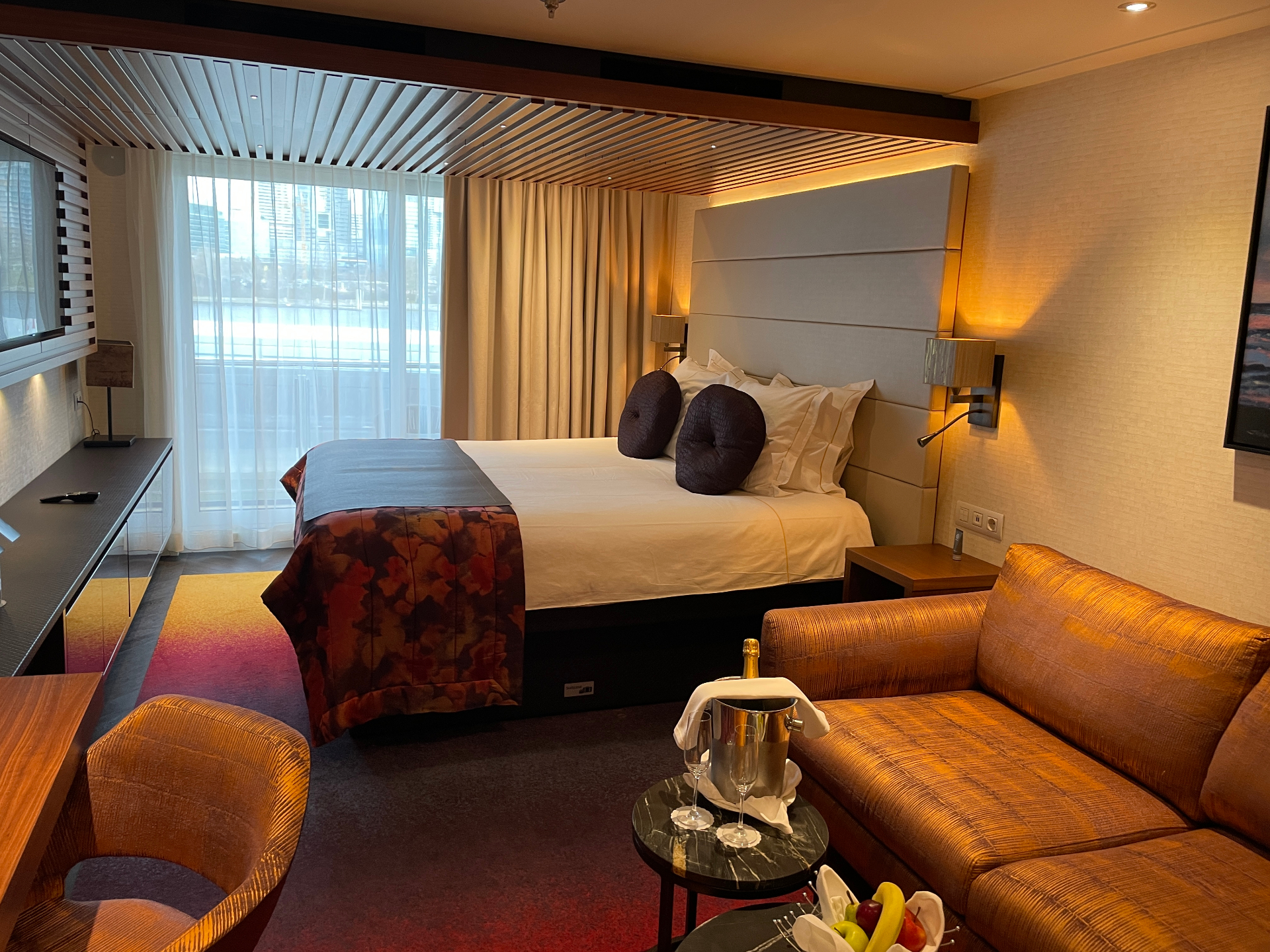Luxury stateroom aboard AmaVenita with festive holiday decor